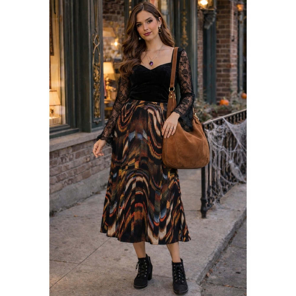 Whimsigoth Retro Dark Fairy Abstract Geometric Orange Blue‎ Black Maxi M Skirt